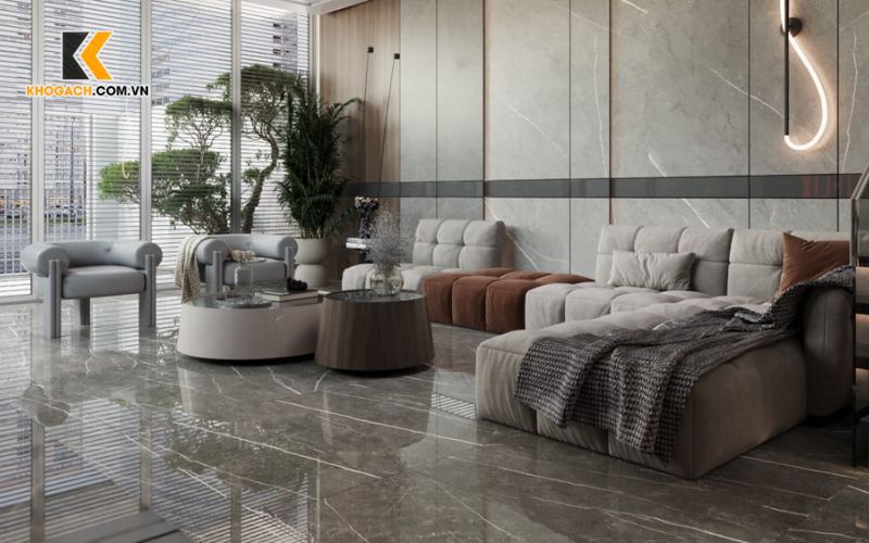 Gạch Trang Trí Phòng Khách Vân Khói Tông Xám Trung Tính