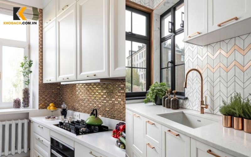 Mosaic kết hợp tủ bếp trắng và gỗ sáng